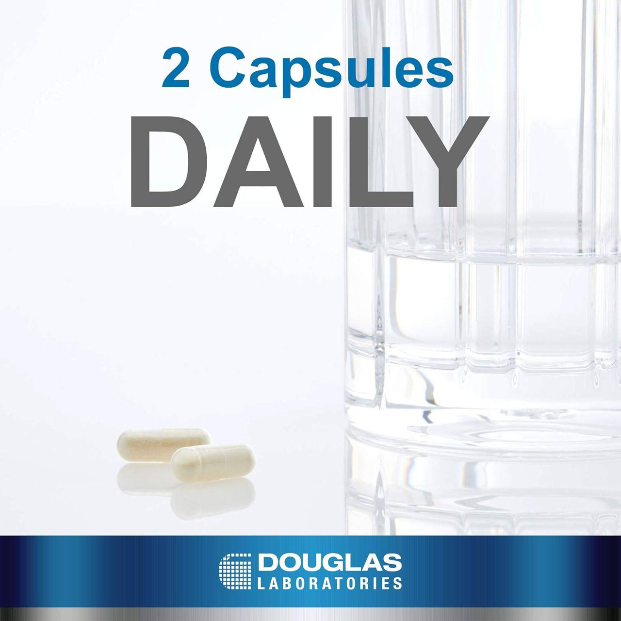 Two capsules beside a glass of water, 2 capsules daily