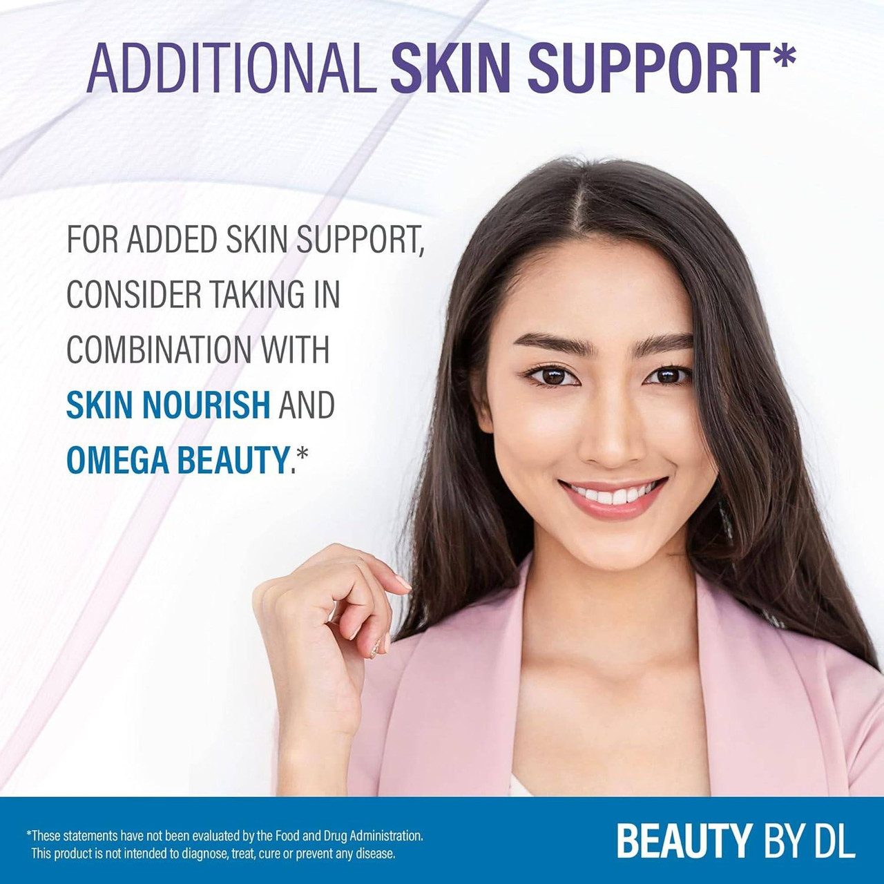Smiling woman with additional skin support text