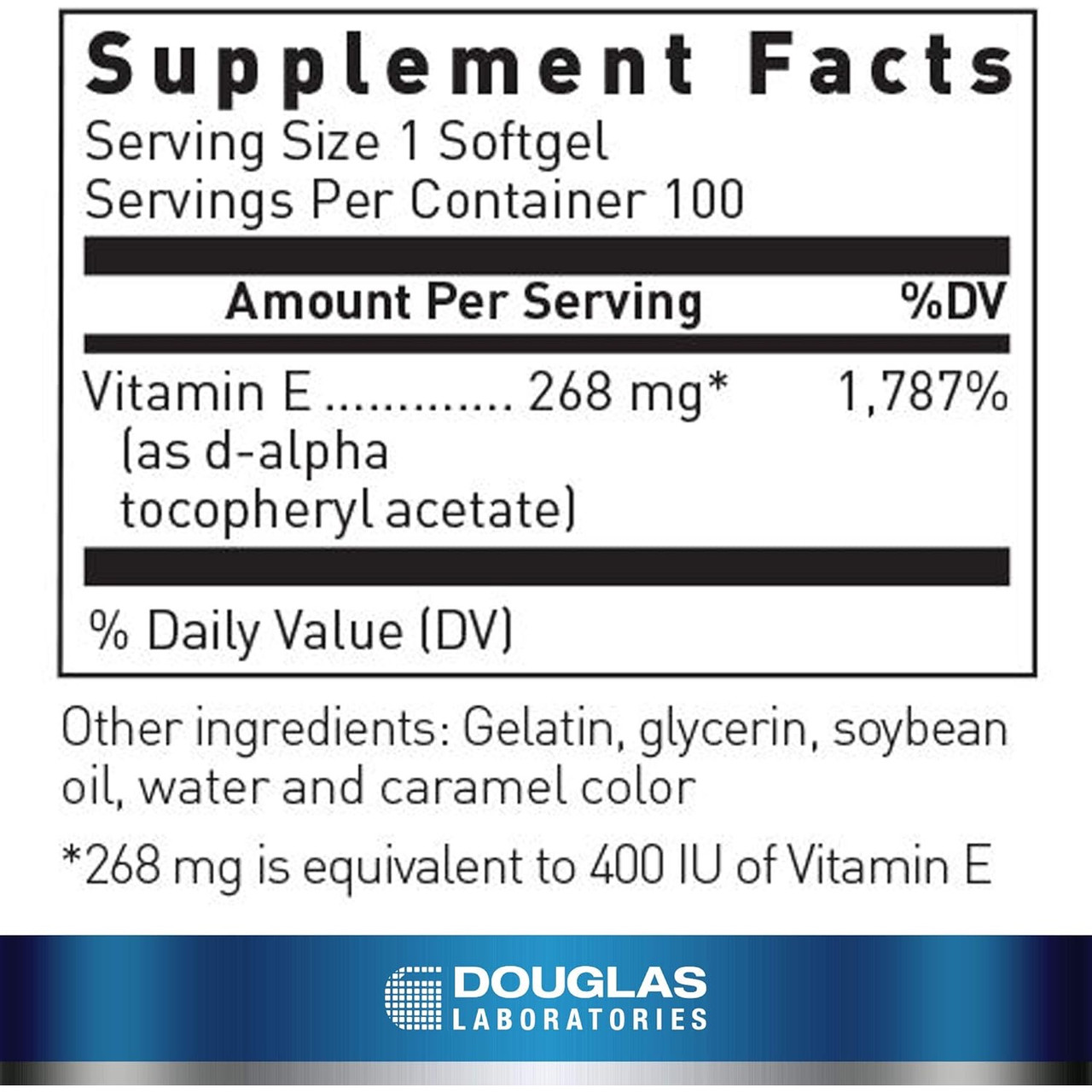 E-400 Supplement Facts 400 IU d-alpha tocopheryl acetate panel