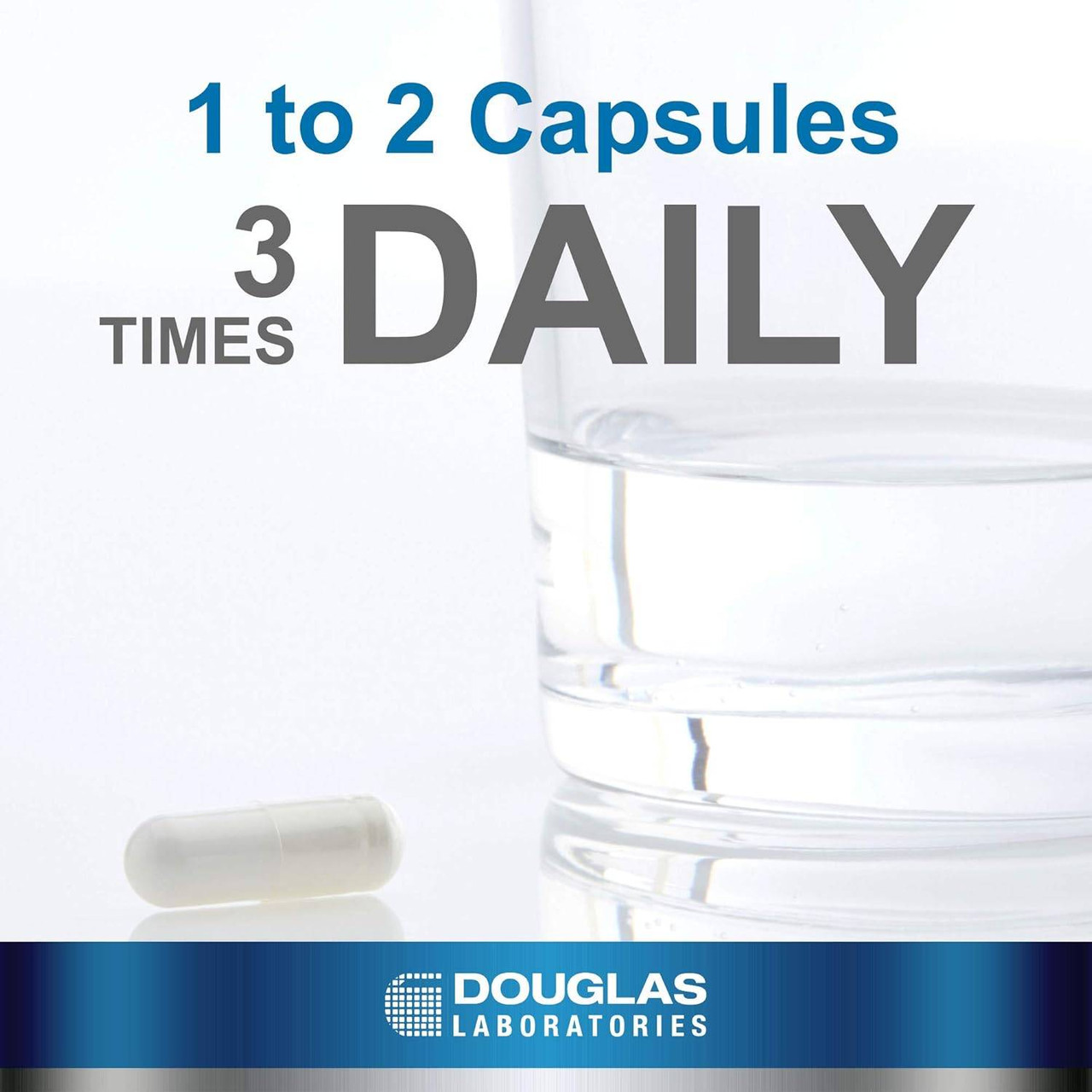 Capsule beside a glass of water, 1 to 2 capsules 3 times daily graphic