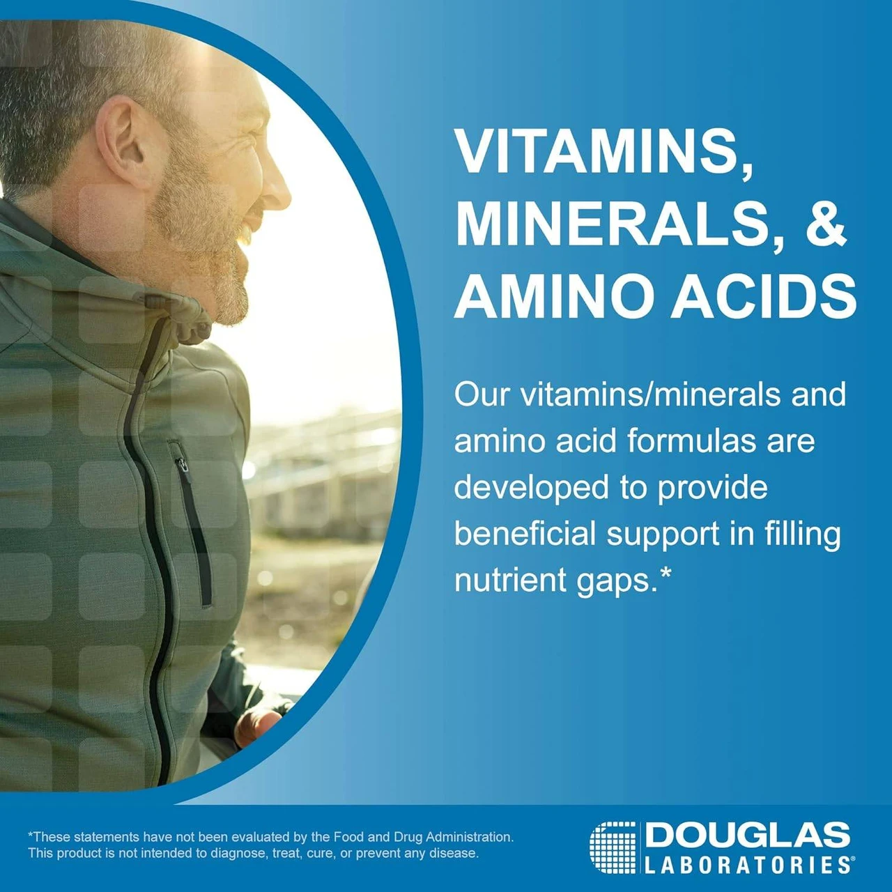 Man outdoors, Douglas Laboratories vitamins, minerals and amino acids graphic