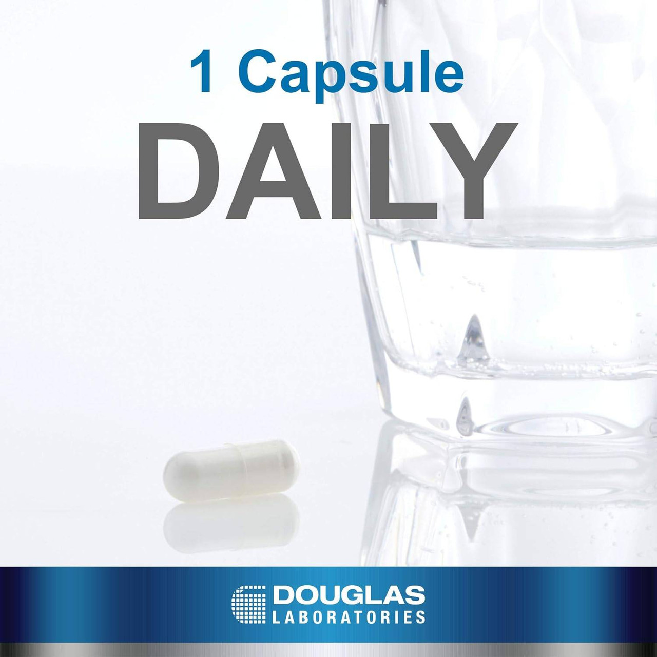 Capsule beside a glass of water, 1 capsule daily graphic