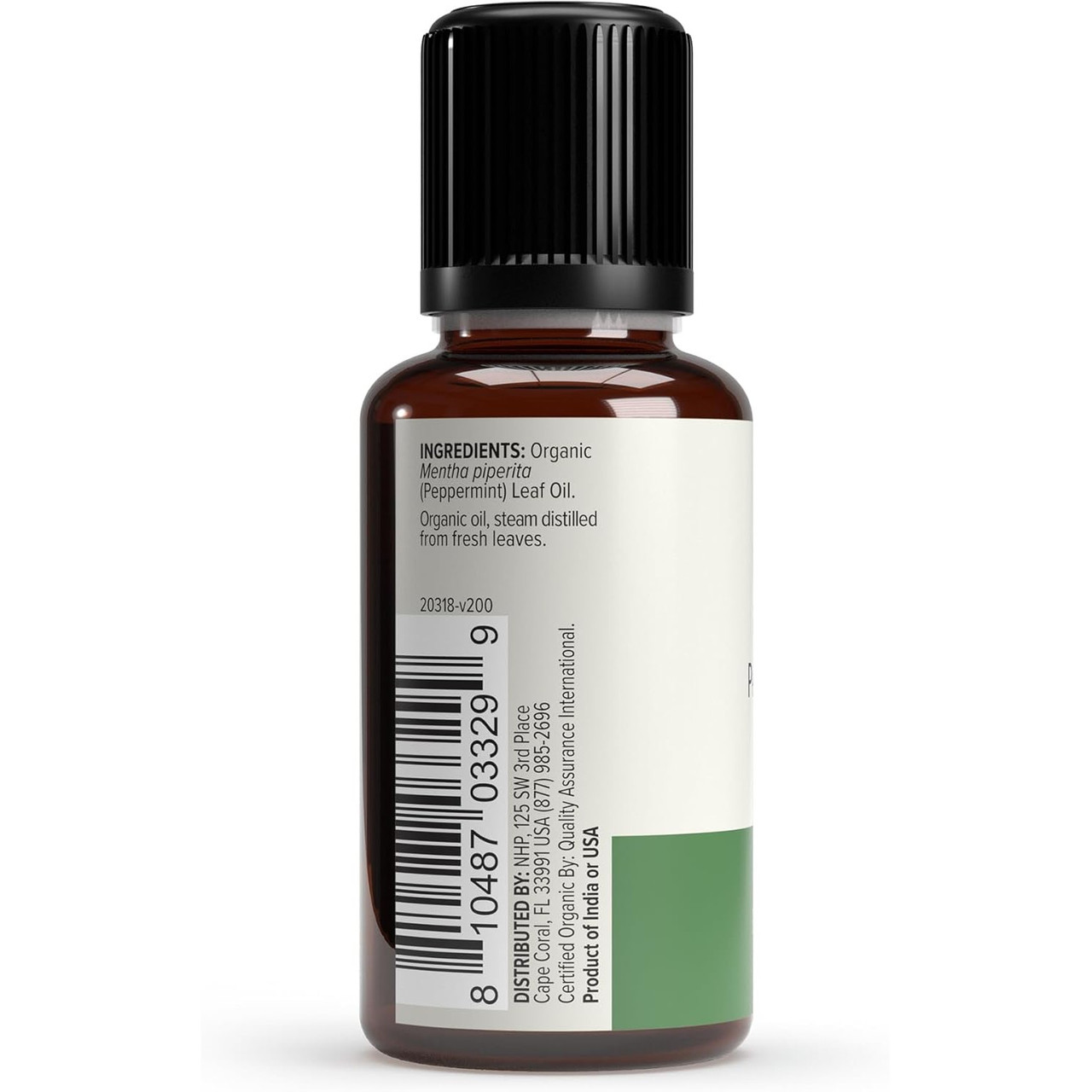Back of Ola Botanicals Peppermint Essential Oil bottle with ingredients and barcode