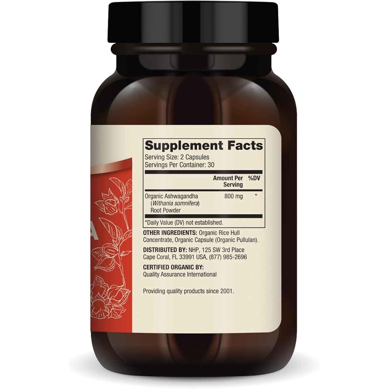 Organic Ashwagandha bottle back with supplement facts label