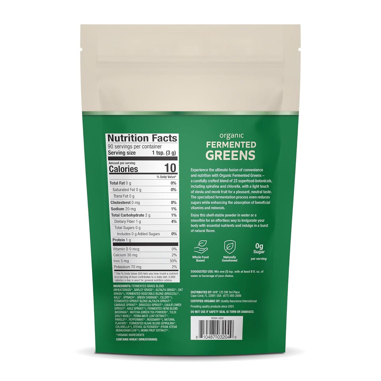Back of Organic Fermented Greens pouch with nutrition facts and directions