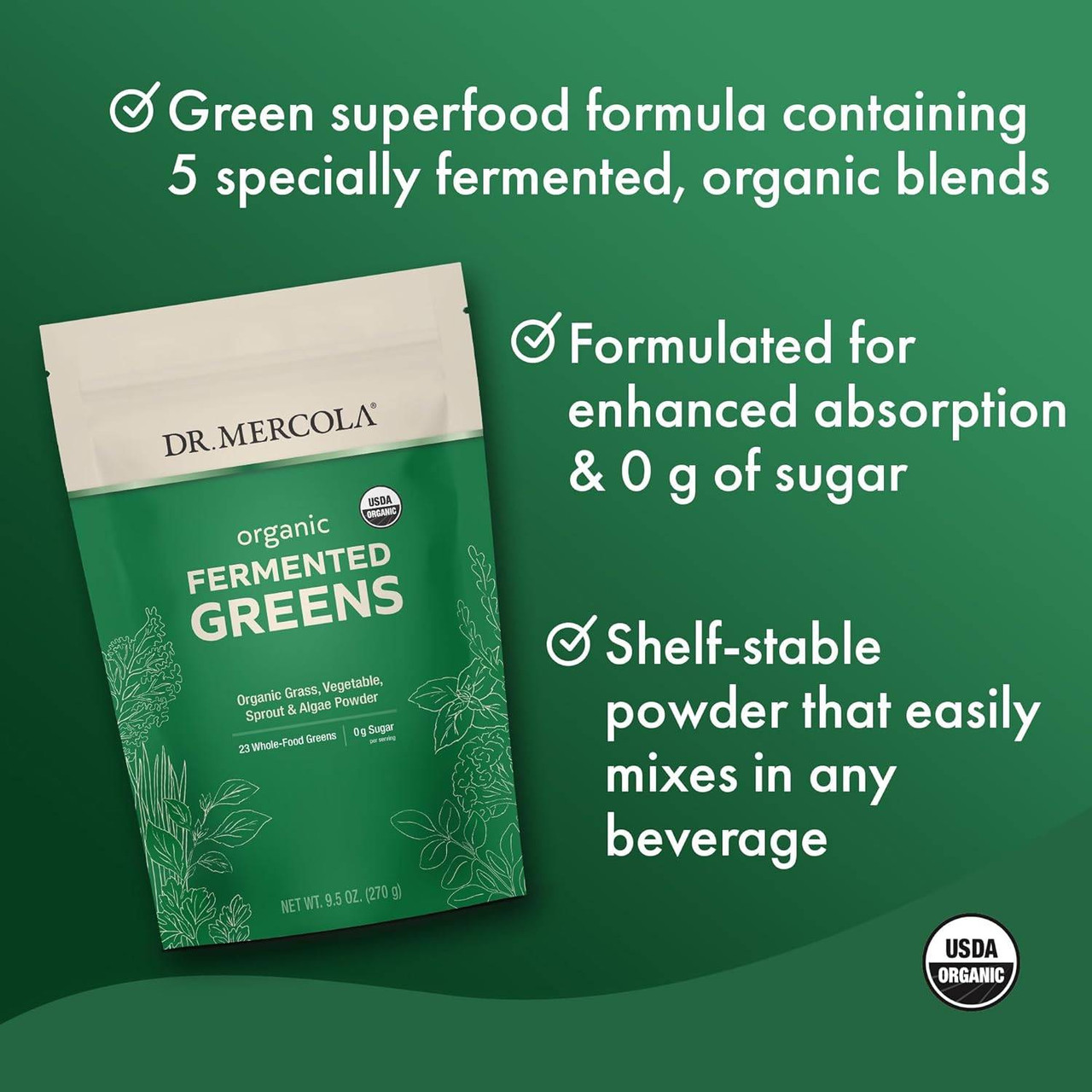 Fermented Greens pouch with callouts for 5 fermented organic blends, 0 g sugar and mixes into beverages