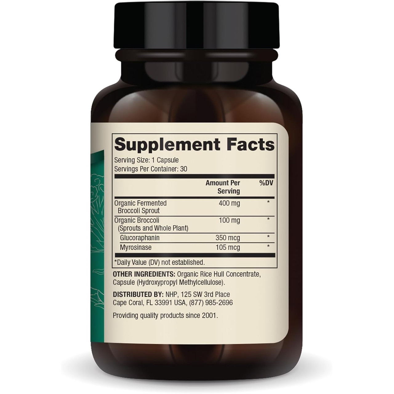 Fermented Broccoli Sprouts bottle side with supplement facts label