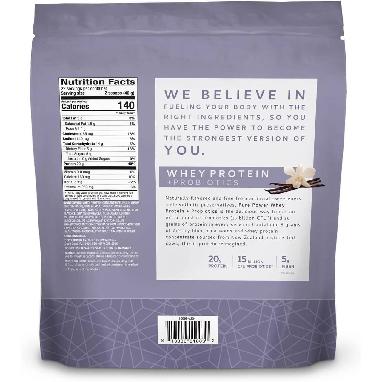 Vanilla whey protein pouch back with nutrition facts