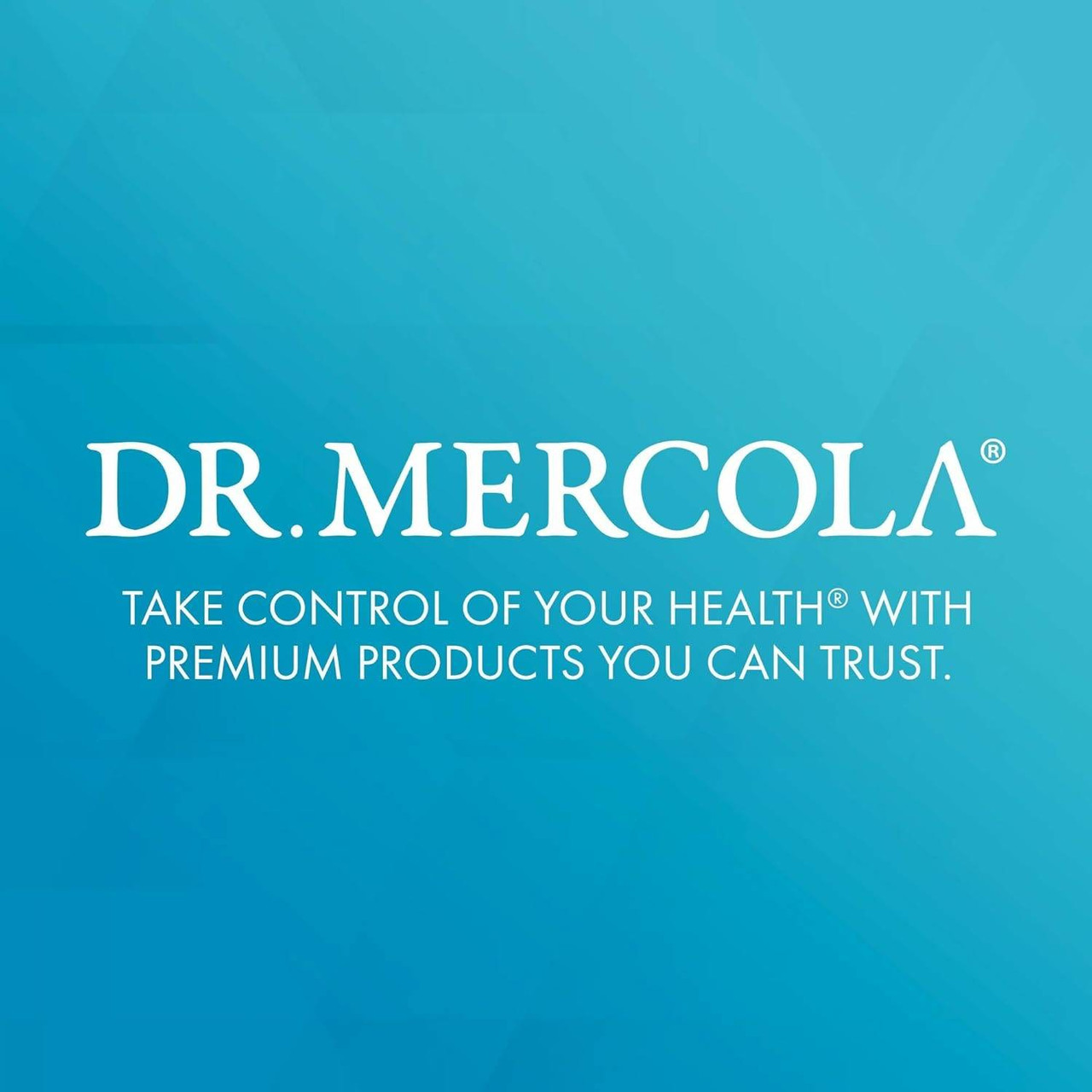 Dr. Mercola logo on teal, premium products you can trust graphic