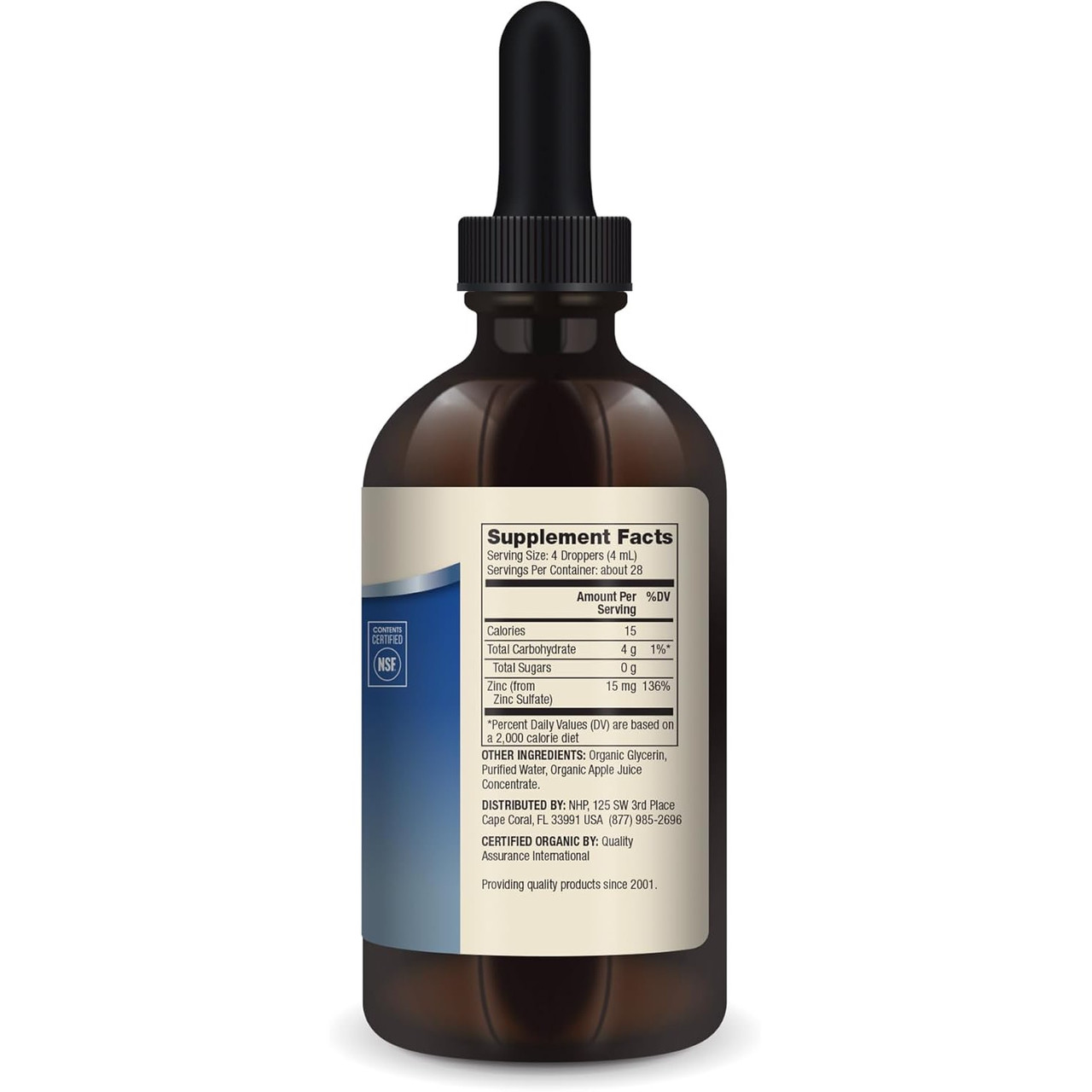 Back of Zinc Liquid Drops bottle with supplement facts label