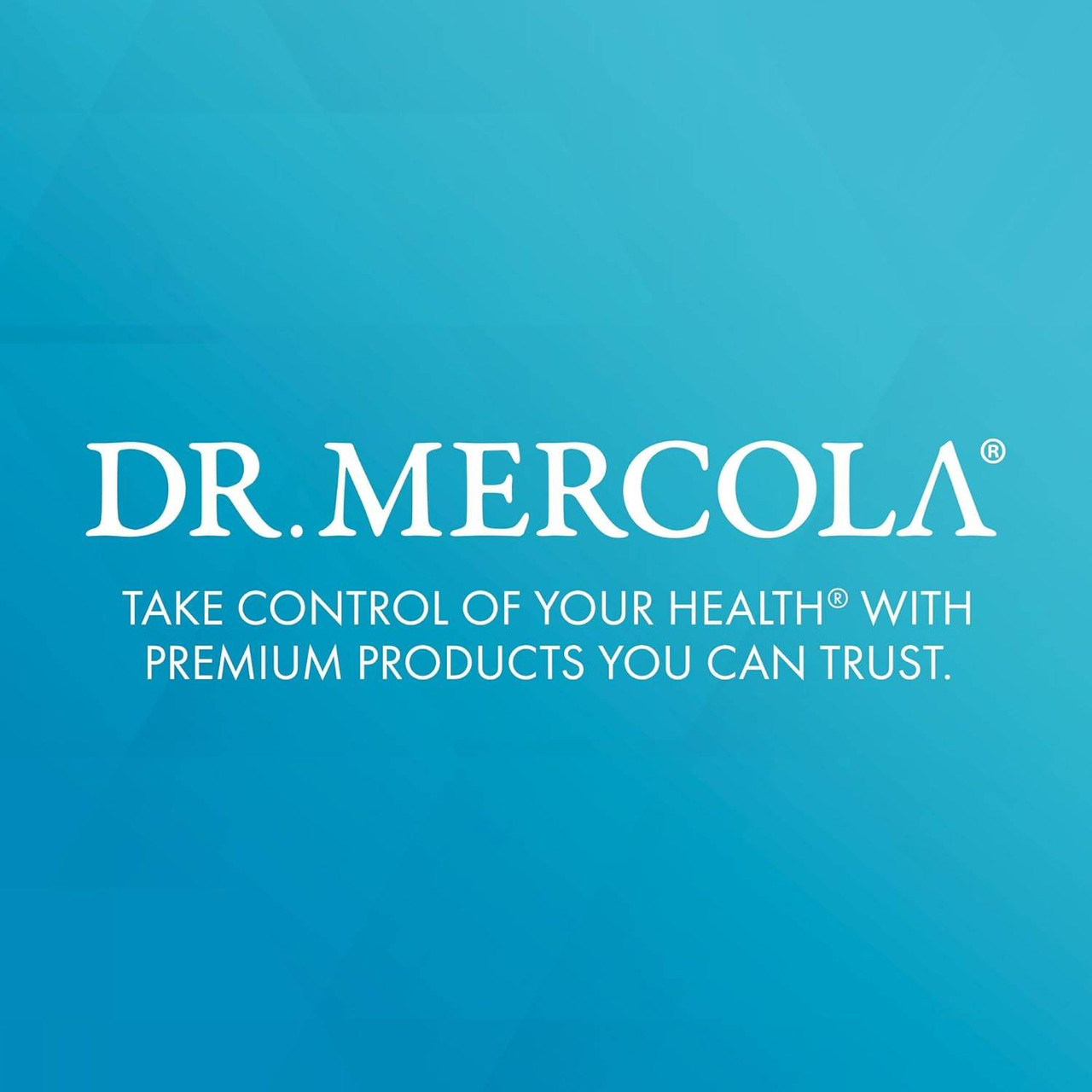 Dr. Mercola logo on blue, premium products you can trust graphic