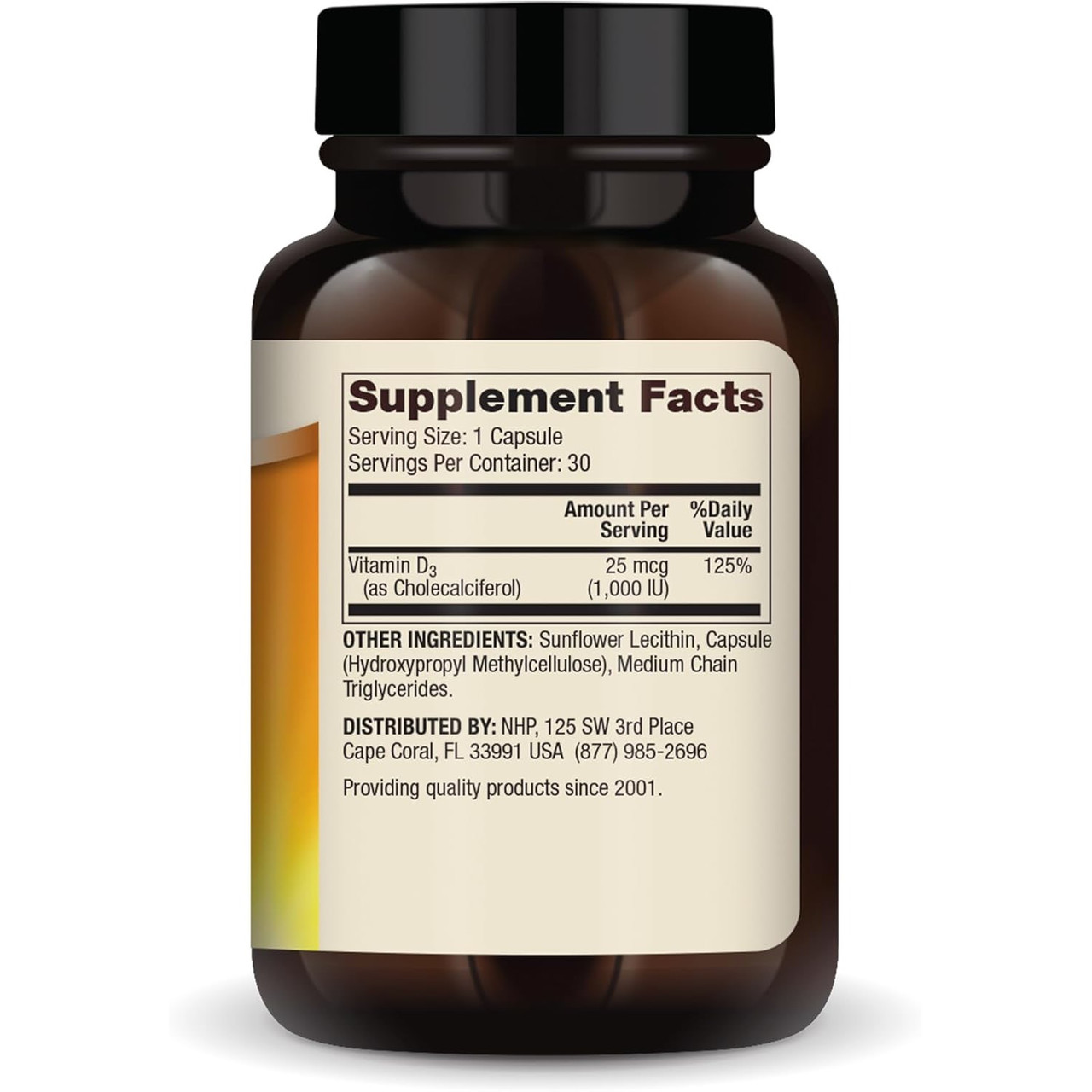 Back of Liposomal Vitamin D3 1,000 IU bottle with supplement facts label