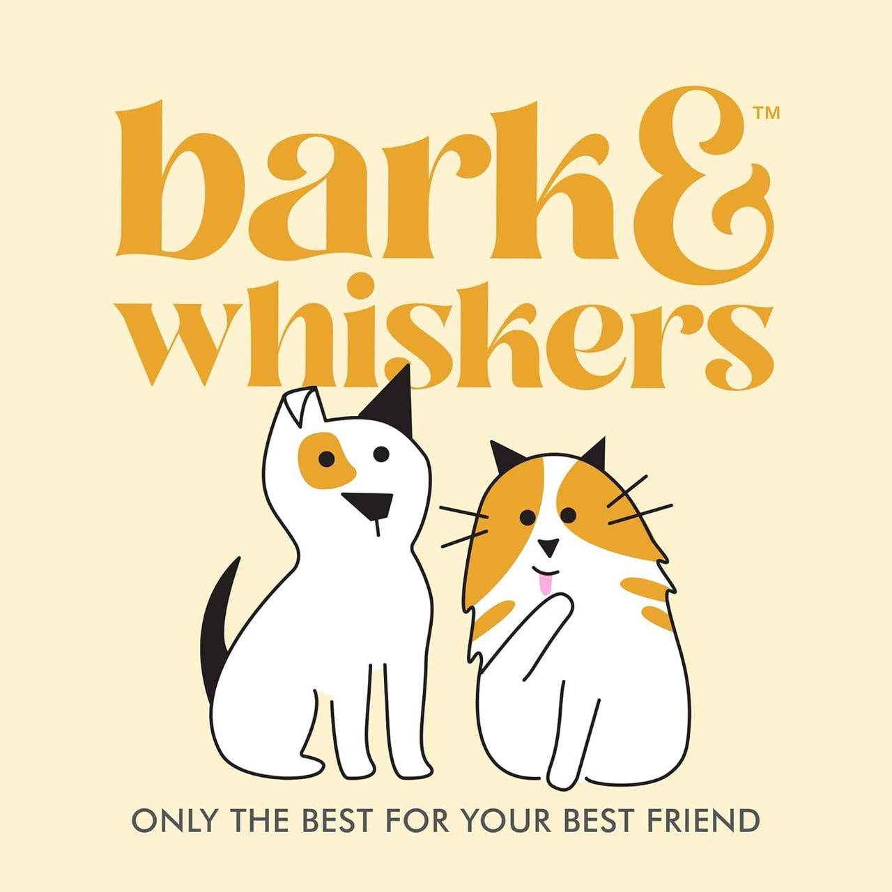 Bark & Whiskers logo with cat and dog on yellow, only the best for your best friend