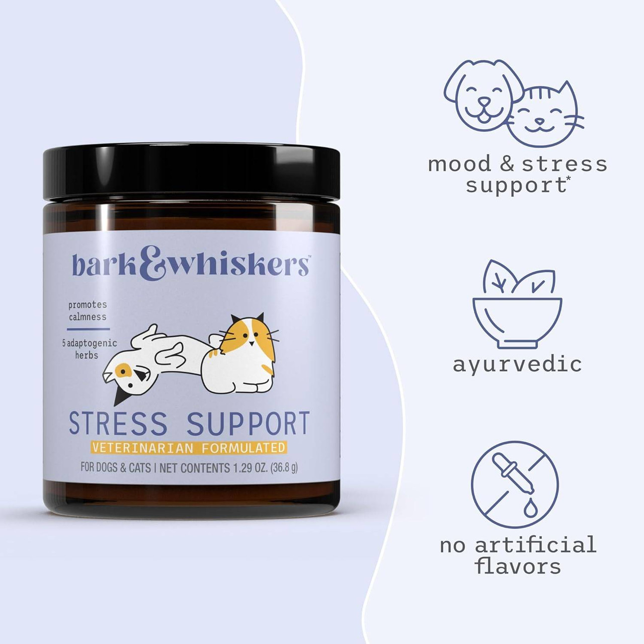 Stress Support jar with mood and stress, ayurvedic and no artificial flavors icons