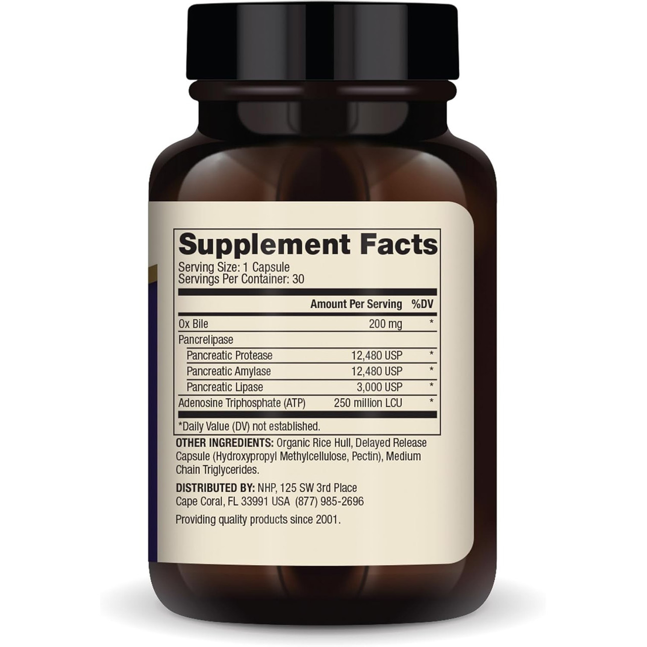 Gallbladder Enzymes bottle back with supplement facts, 1 capsule serving
