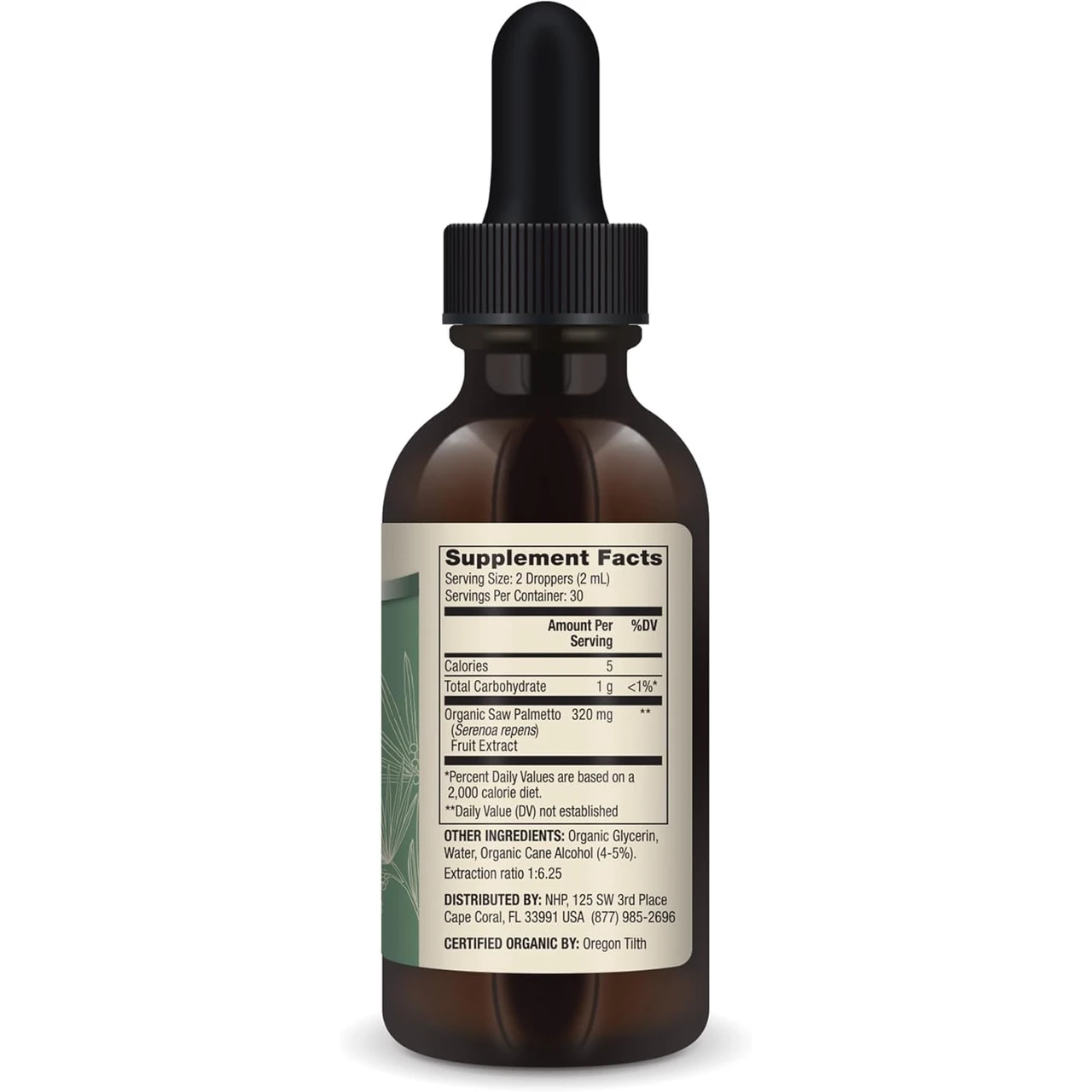 Back of Organic Saw Palmetto Liquid Drops bottle with supplement facts label