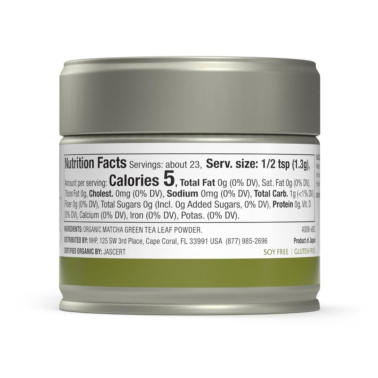 Organic Matcha tin showing nutrition facts