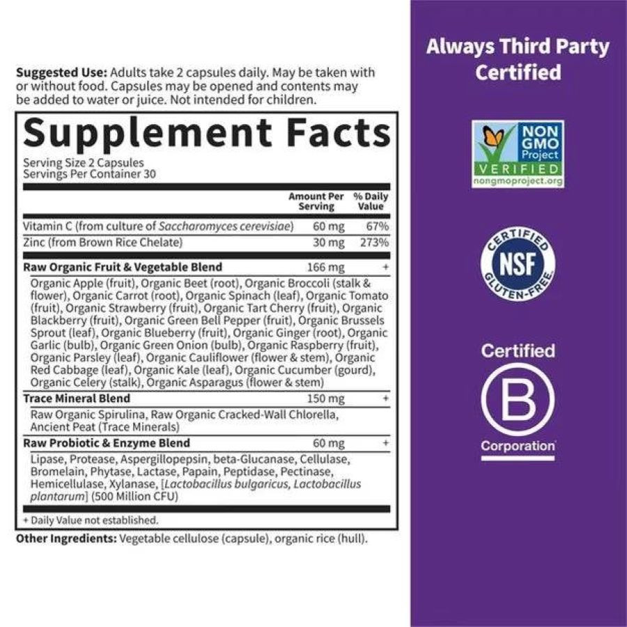 RAW Zinc supplement facts with Non-GMO Project, NSF and B Corporation logos