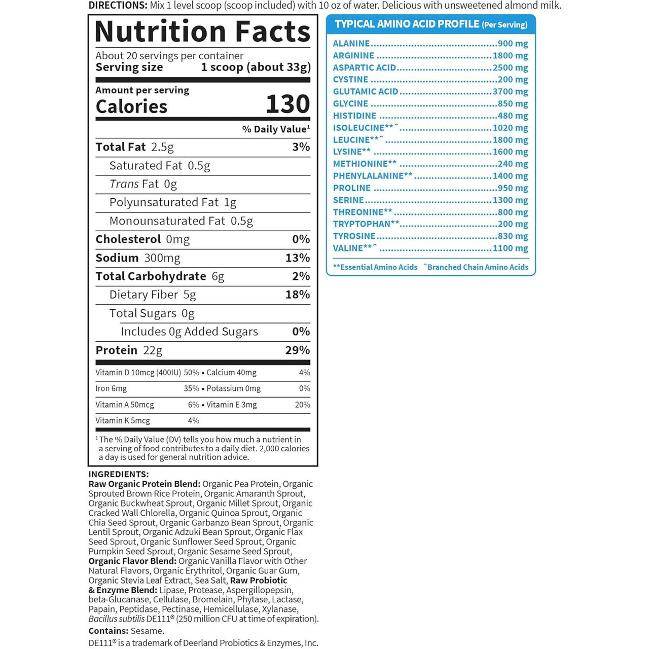 RAW Organic Protein Vanilla nutrition facts with amino acid profile