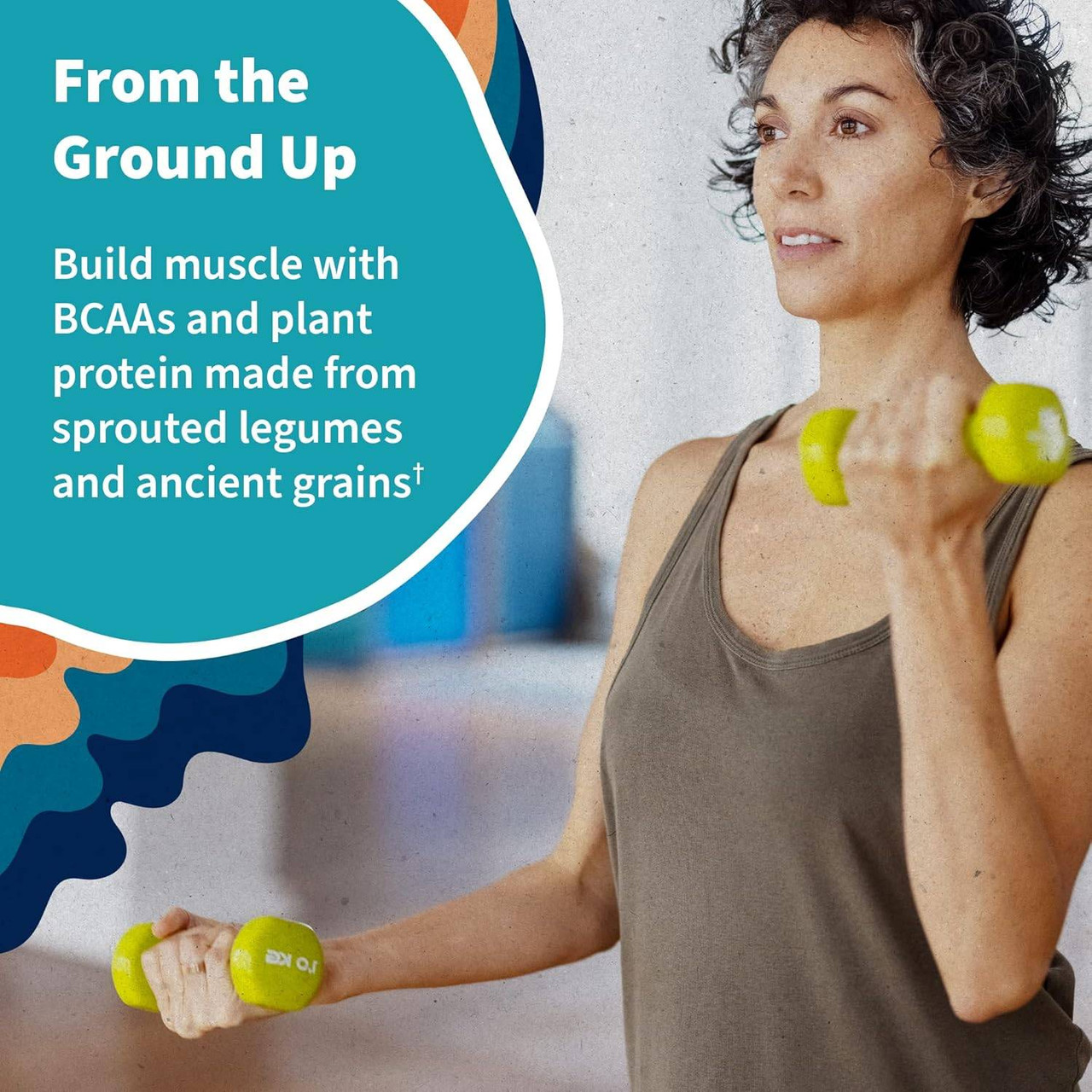 Woman lifting dumbbells, from the ground up, BCAAs and plant protein graphic