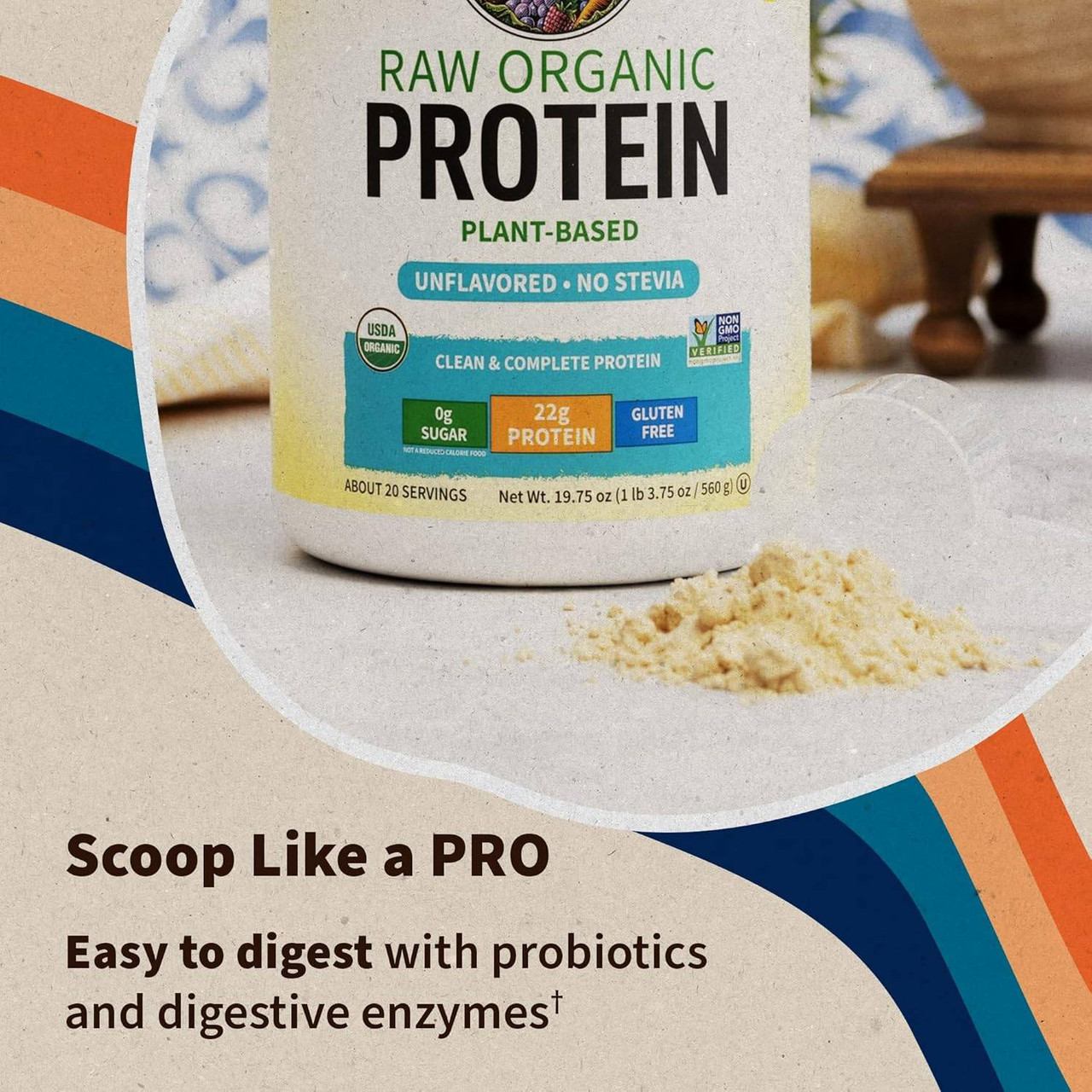 Unflavored RAW Organic Protein tub and scoop, scoop like a pro, easy to digest graphic