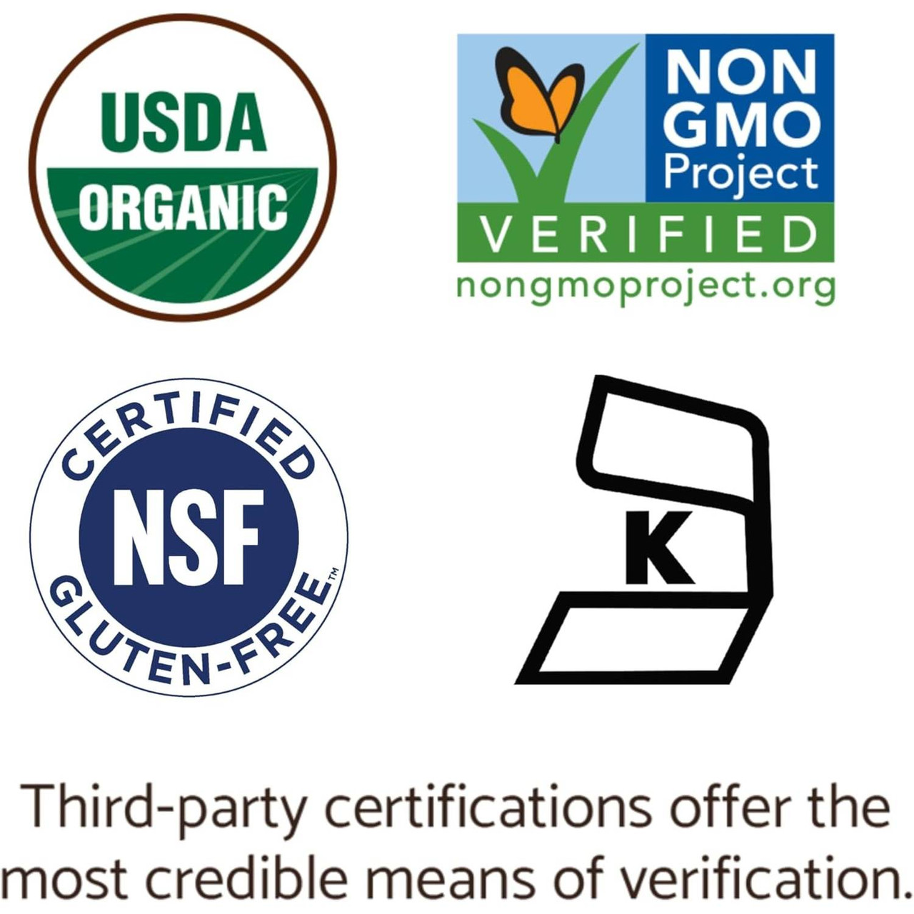 USDA Organic, Non-GMO Project, NSF gluten-free and kosher certification logos