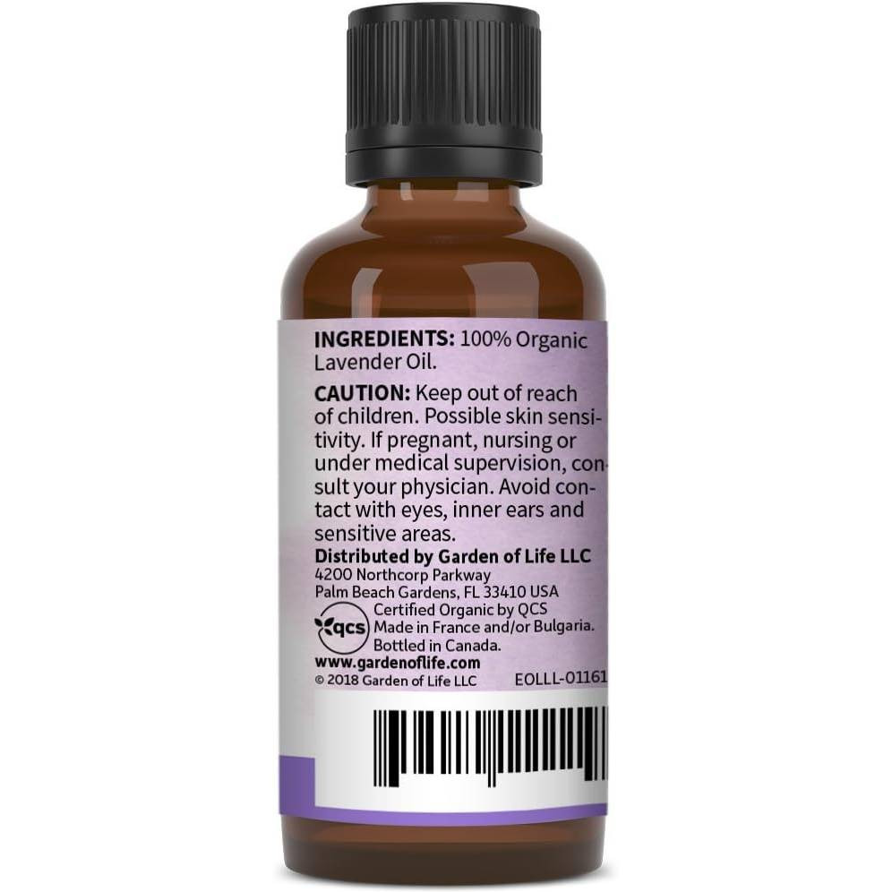 Lavender Essential Oil bottle back with ingredients and caution text