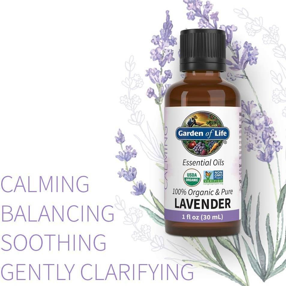 Lavender oil bottle with lavender sprigs, calming, balancing, soothing graphic