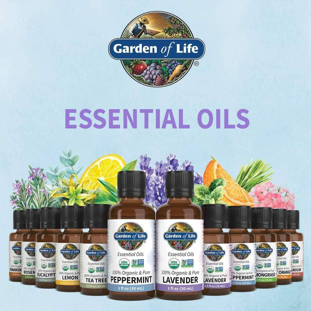 Row of Garden of Life essential oil bottles with flowers and citrus