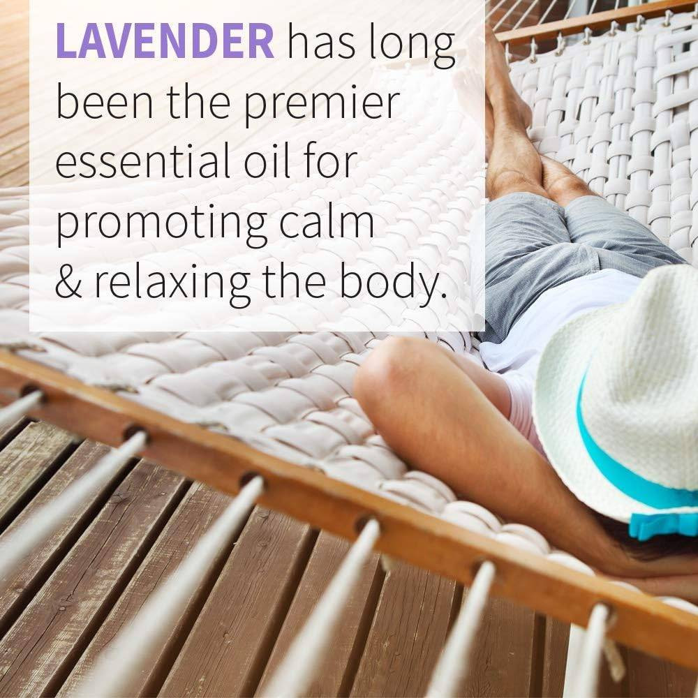 Person relaxing in a hammock, lavender premier essential oil for promoting calm graphic