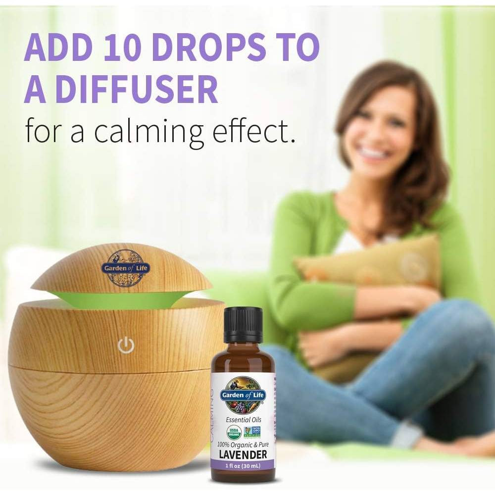 Woman relaxing beside a wooden diffuser, add 10 drops to a diffuser graphic
