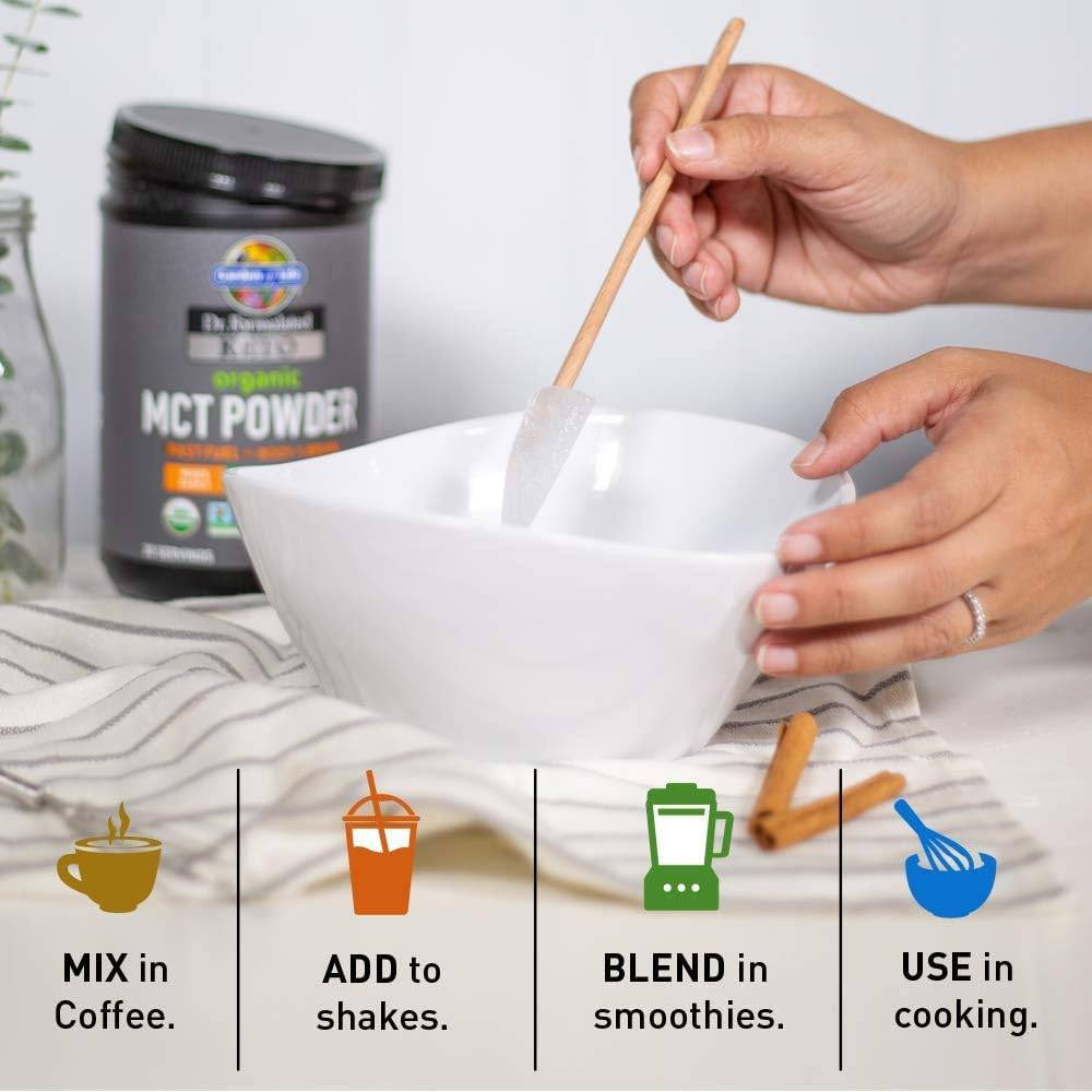 MCT Powder tub with mixing bowl, mix in coffee, add to shakes, blend in smoothies, use in cooking