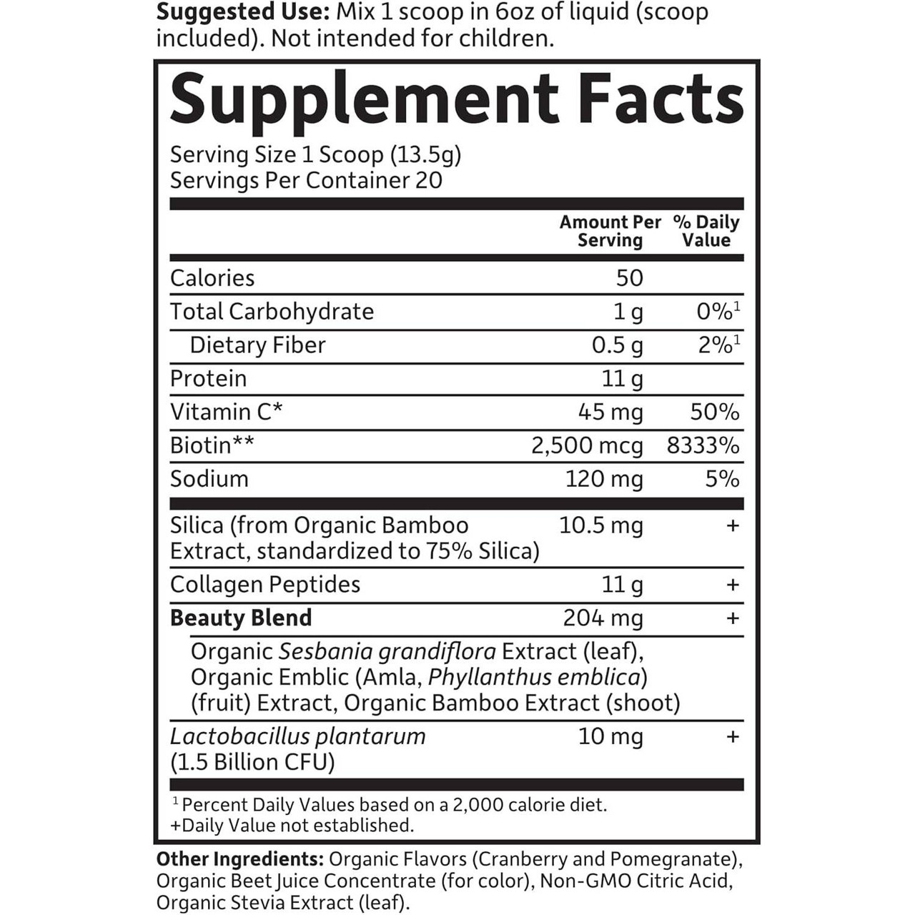 Collagen Beauty supplement facts, 1 scoop (13.5 g) serving, 20 servings