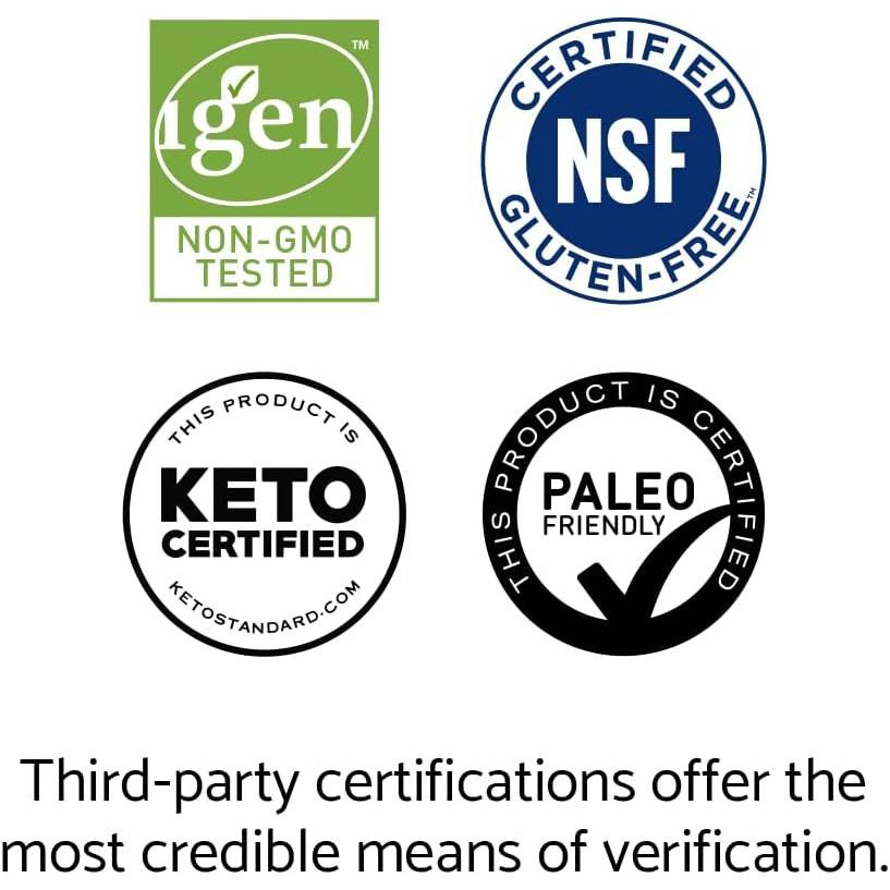 Non-GMO, NSF Certified Gluten-Free, Keto Certified and Paleo Friendly certification logos