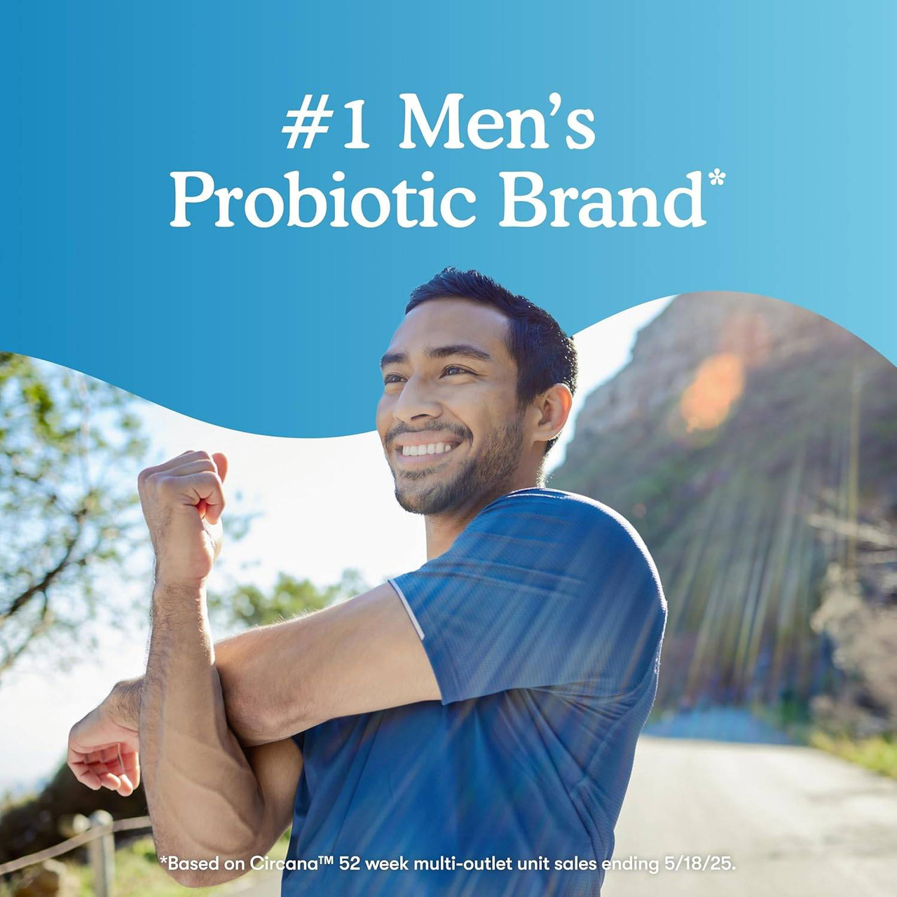 Smiling man stretching outdoors, Garden of Life men's probiotic graphic
