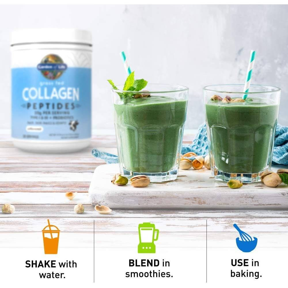 Collagen Peptides tub with green smoothies, shake, blend or bake icons