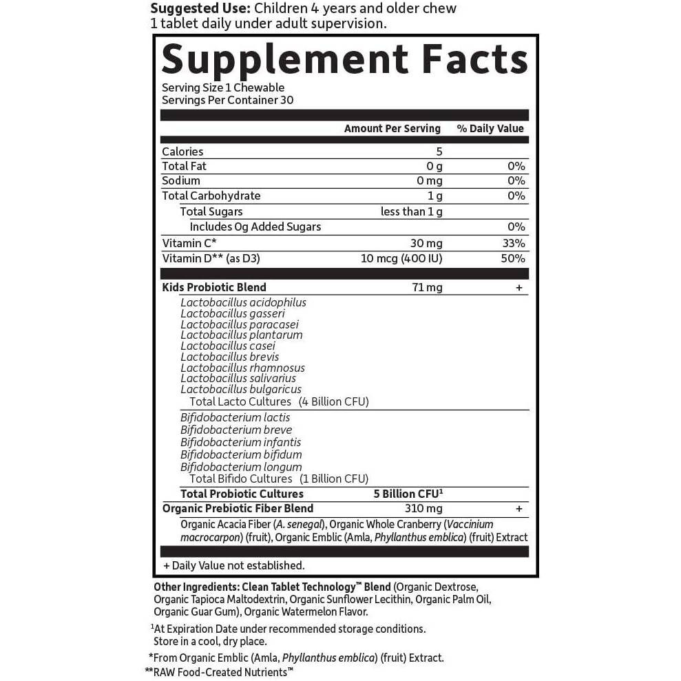Organic Kids+ Watermelon supplement facts with vitamins C and D3 and 5 billion CFU probiotic blend per chewable