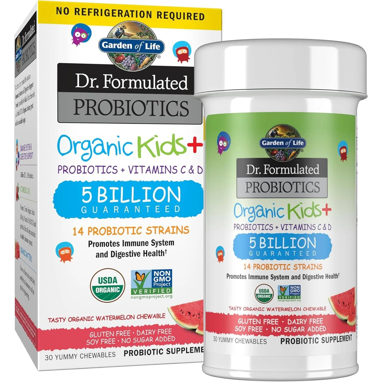 Garden of Life Dr. Formulated Probiotics Organic Kids+ Watermelon 5 billion 30 chewables box and bottle