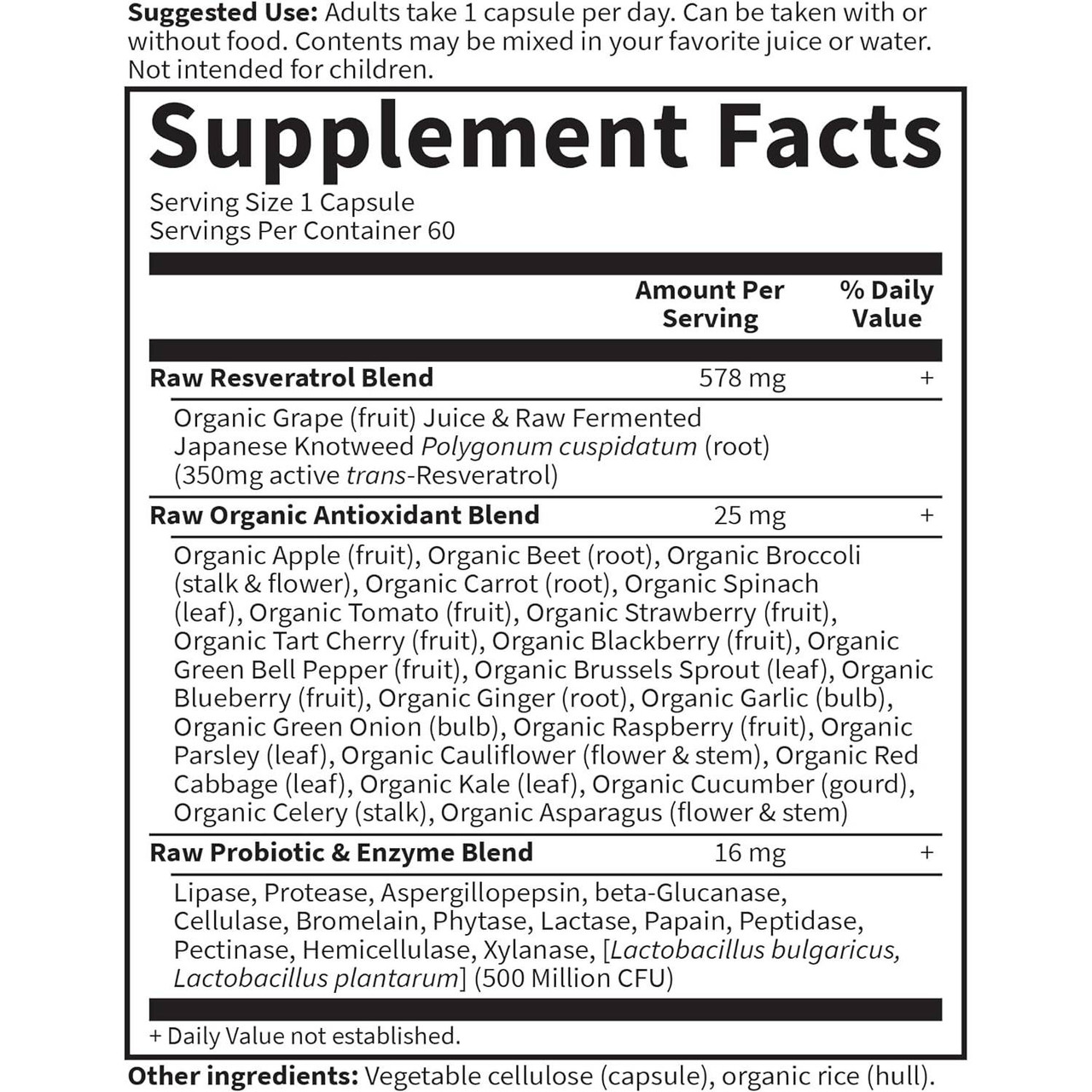 Garden of Life RAW Resveratrol supplement facts panel