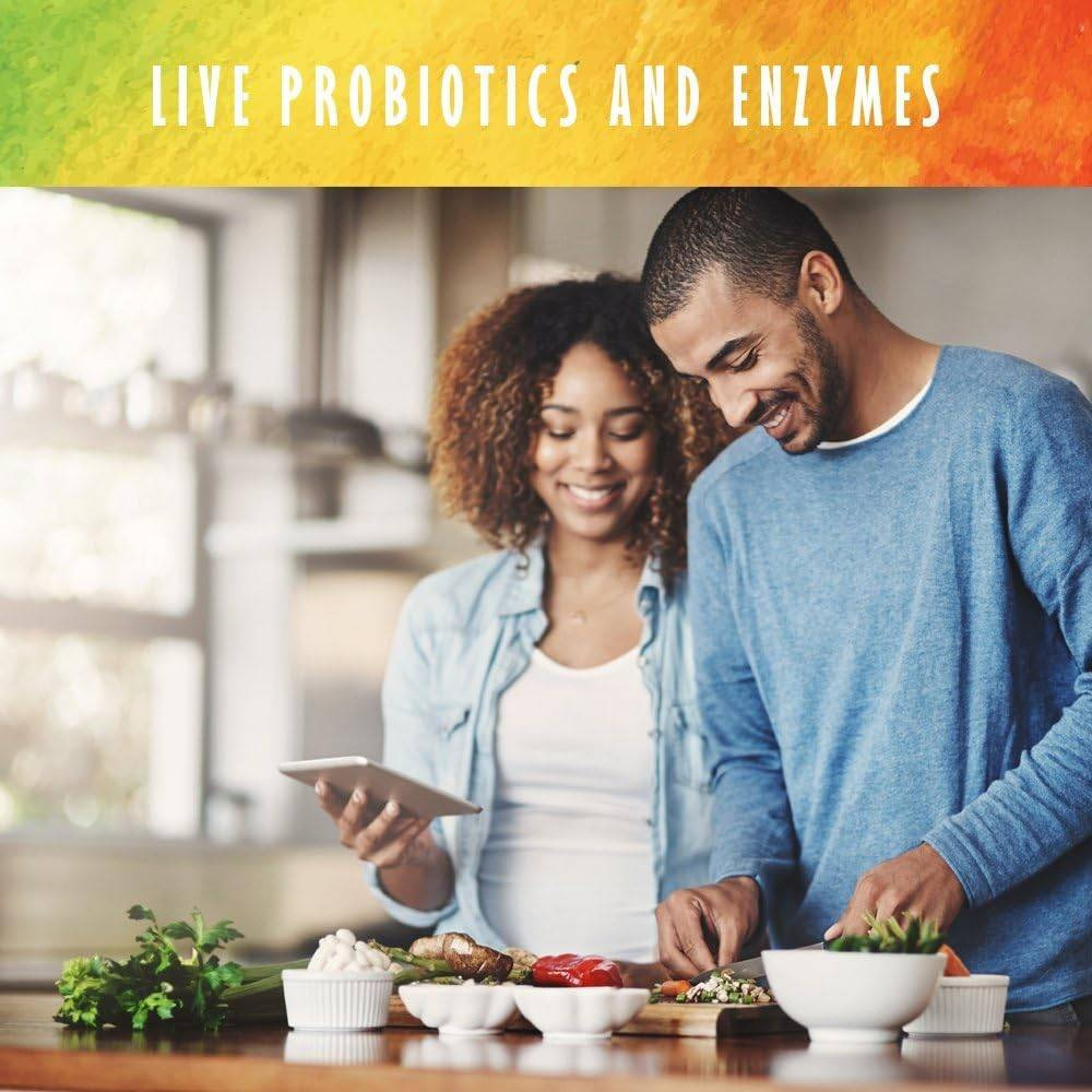 Couple preparing food in a kitchen, live probiotics and enzymes graphic