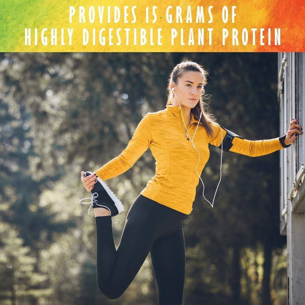 Woman stretching outdoors, provides 15 grams of highly digestible plant protein graphic