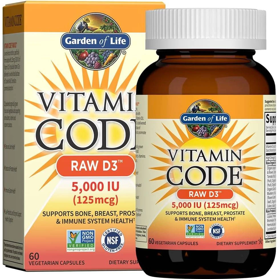 Garden of Life Vitamin Code RAW D3 5,000 IU 60 vegetarian capsule box and bottle