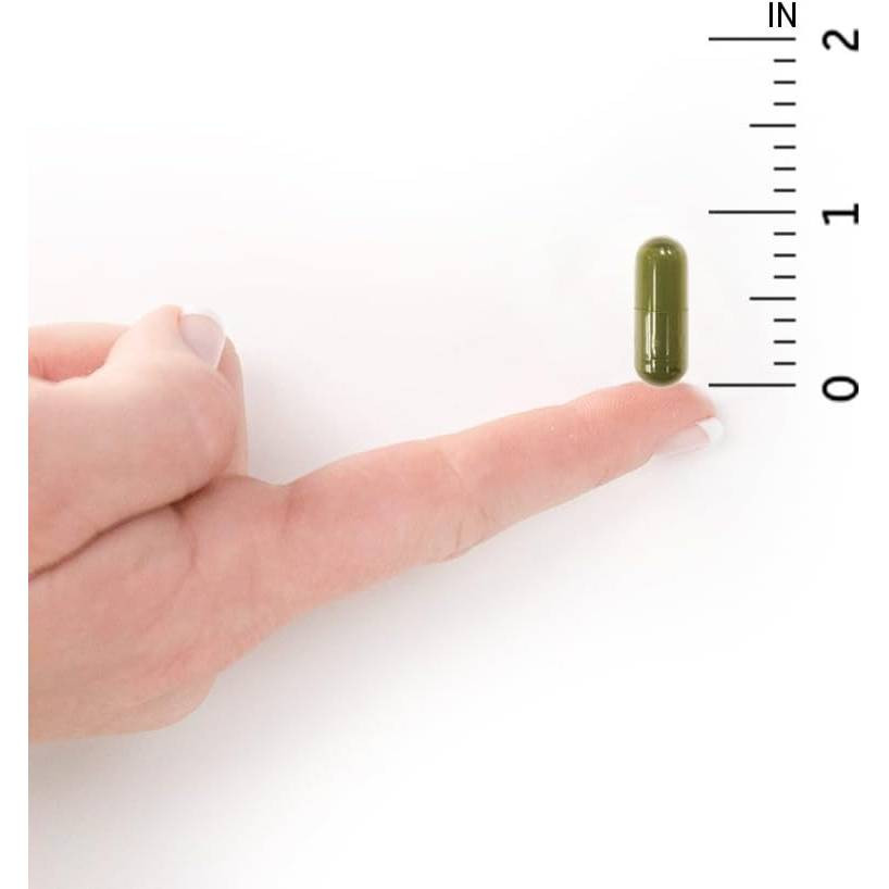Capsule on a fingertip beside an inch ruler