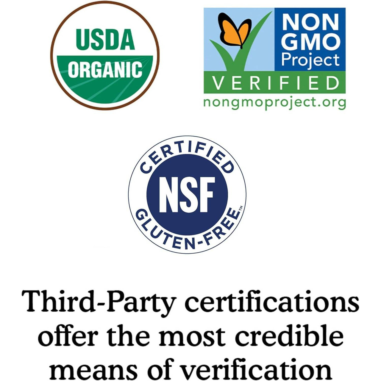 USDA Organic, Non-GMO Project Verified and NSF Certified Gluten-Free logos, third-party certifications