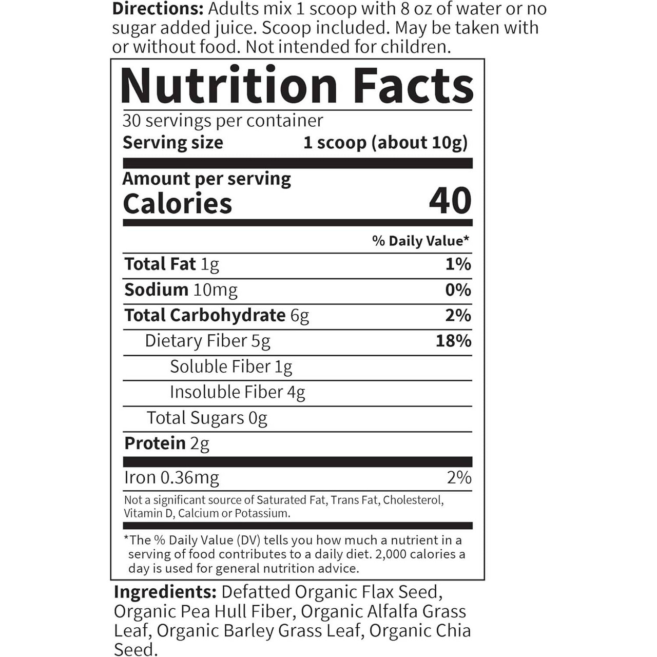 DetoxiFiber nutrition facts, 40 calories and 5 g dietary fiber per scoop with ingredients