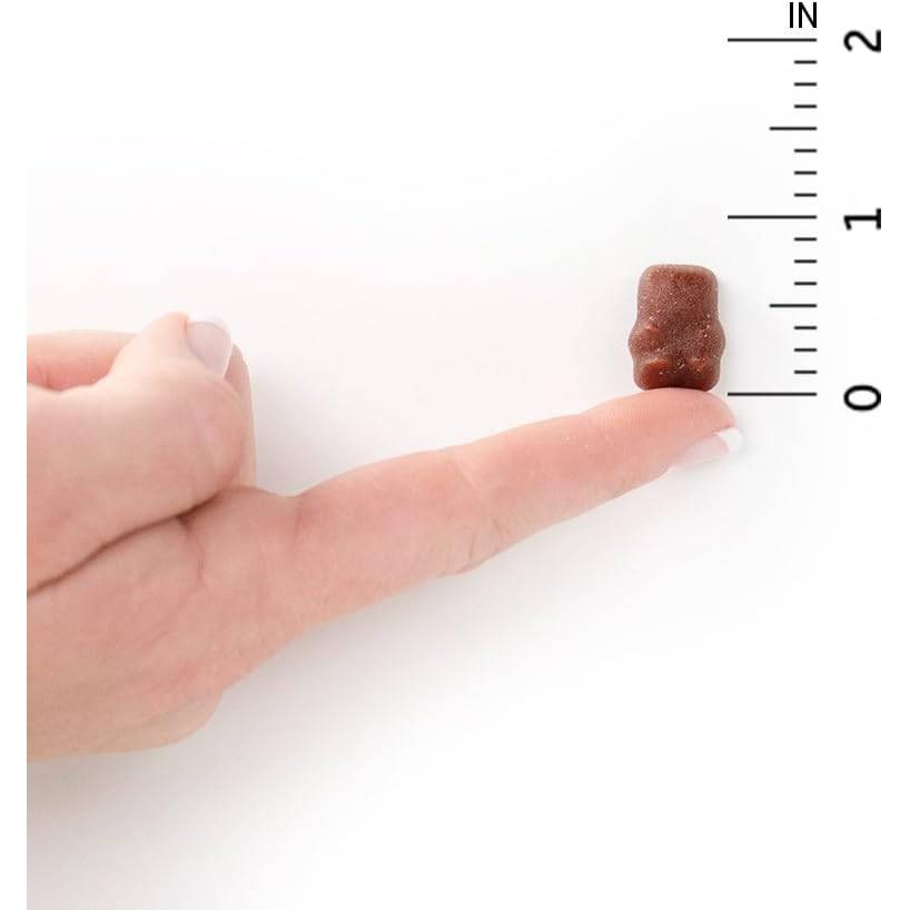 Kids Multi gummy bear on a fingertip beside an inch ruler