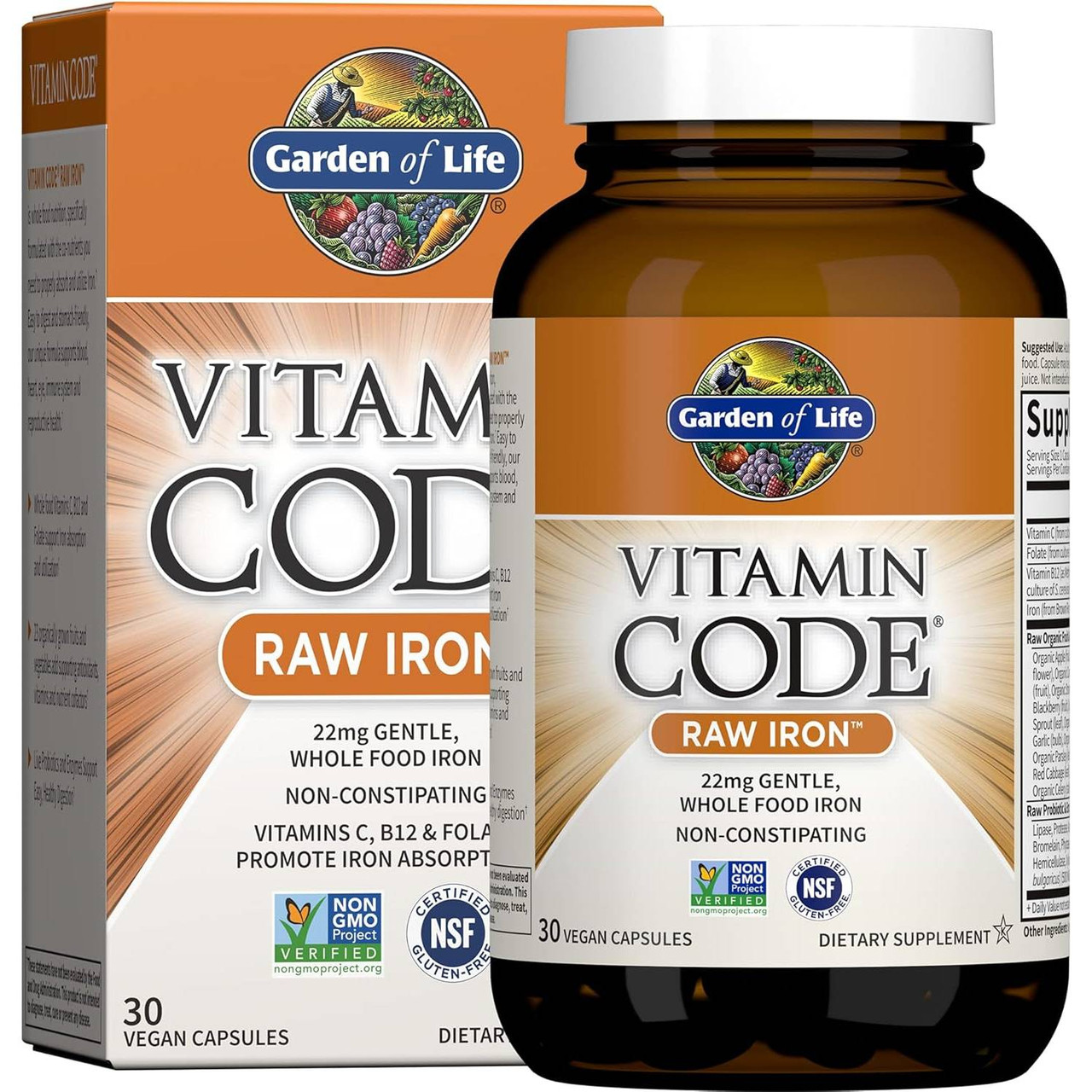 Garden of Life Vitamin Code RAW Iron 30 vegan capsule box and bottle