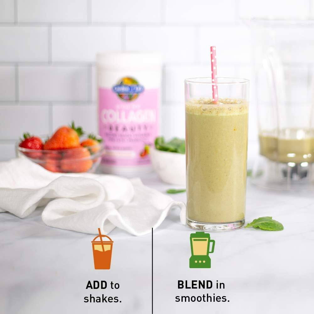 Collagen Beauty tub with a smoothie and fruit, add to shakes or blend in smoothies graphic