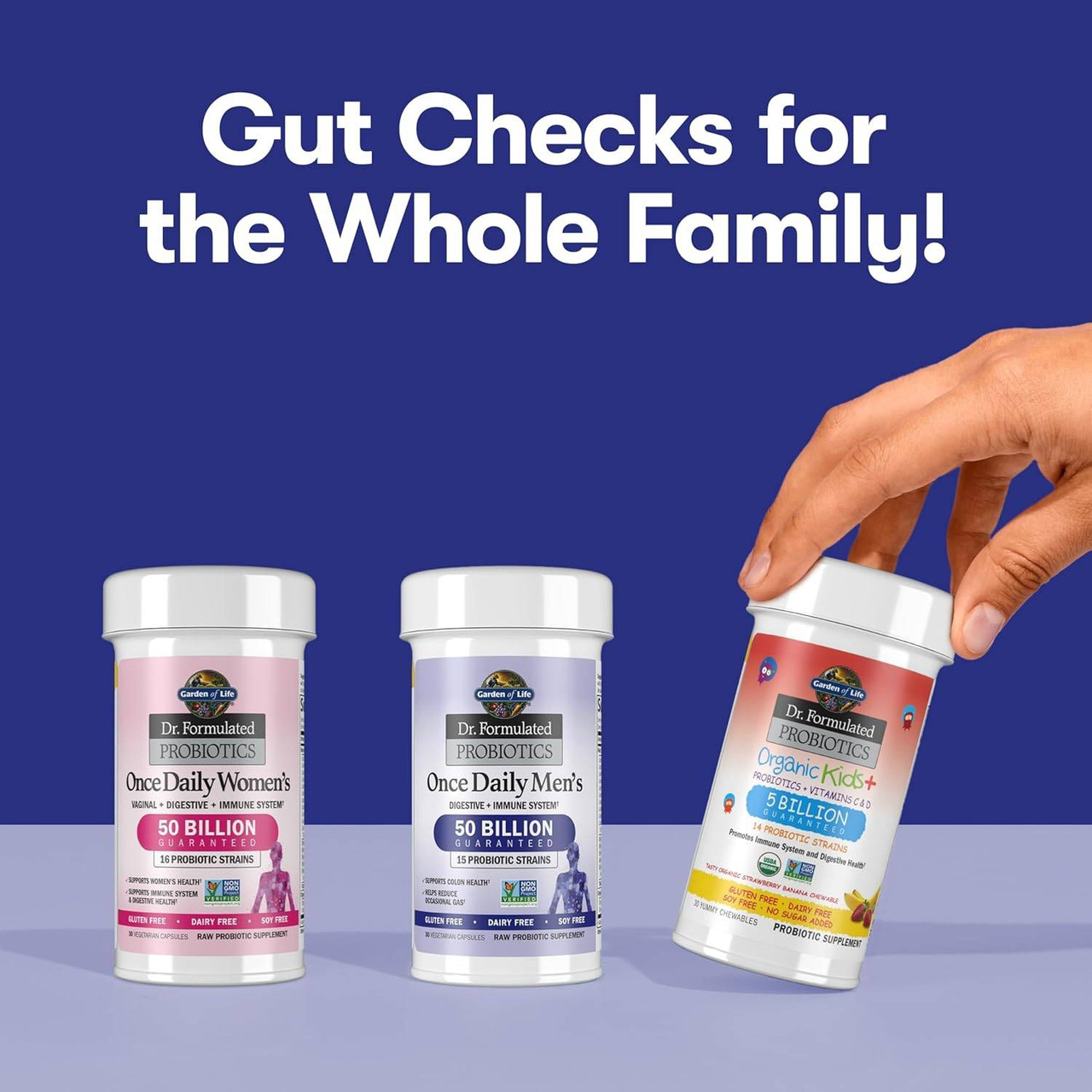 Once Daily Women's, Men's and kids bottles, gut checks for the whole family graphic