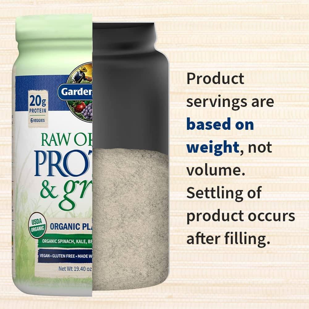 Protein & Greens Vanilla tub cutaway, product servings are based on weight, not volume graphic